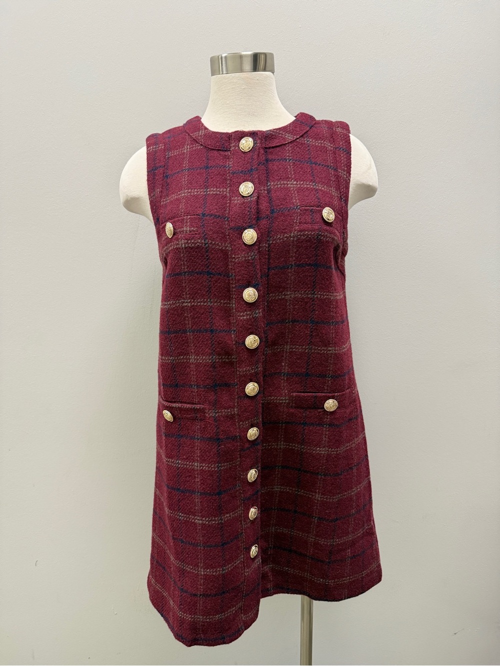 Burgundy Sleeveless Plaid Button-Front Shift Dress